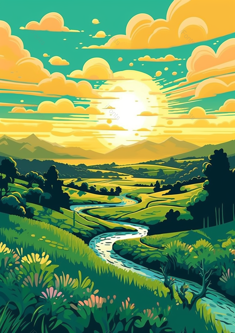 安静的秋天早晨日出自然风景插画手绘背景图,插画/手绘图,插画/手绘图库,插画/手绘图下载,插画/手绘